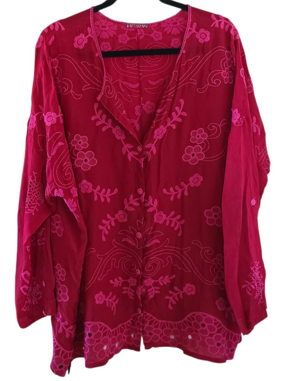 Fuchsia Embroidered Boho Blouse Eyelet Floral Roll Tab Sleeve Sheer Top 1X